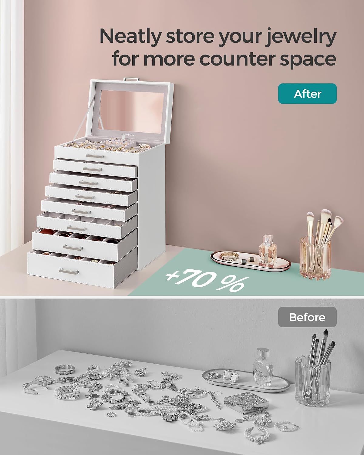 3-Tier Jewelry Box, Travel Jewelry Case with Handle, 2 Drawers, Lockable Jewelry Organizer with Mirror, Jewelry Storage, Modern Style, Gift for Loved Ones, White UJBC154W01