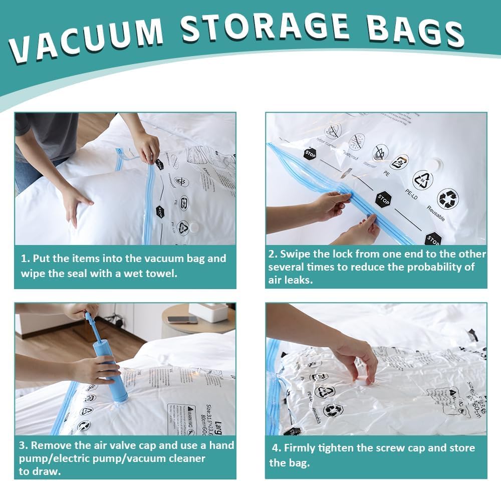 12-Piece Travel Vacuum Storage Bags—Roll-Up Compression Bags to Save Space in Luggage, for Camping, and for Storing Clothing—No Pumping Required, 23.65” X 15.75”
