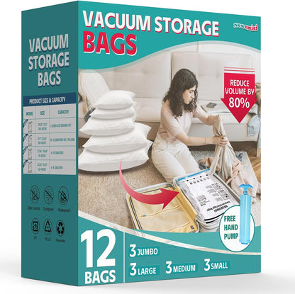 12-Piece Travel Vacuum Storage Bags—Roll-Up Compression Bags to Save Space in Luggage, for Camping, and for Storing Clothing—No Pumping Required, 23.65” X 15.75”