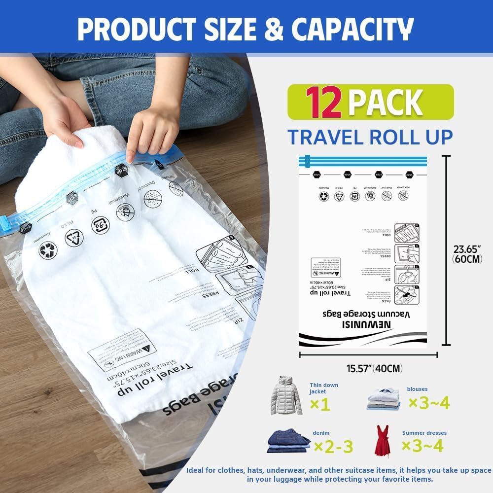 12-Piece Travel Vacuum Storage Bags—Roll-Up Compression Bags to Save Space in Luggage, for Camping, and for Storing Clothing—No Pumping Required, 23.65” X 15.75”