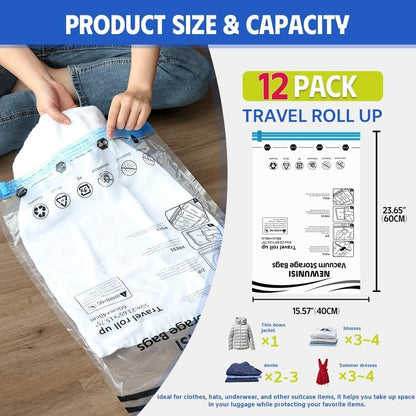 12-Piece Travel Vacuum Storage Bags—Roll-Up Compression Bags to Save Space in Luggage, for Camping, and for Storing Clothing—No Pumping Required, 23.65” X 15.75”