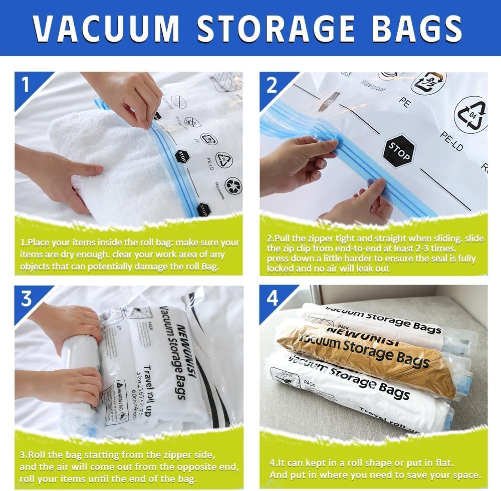 12-Piece Travel Vacuum Storage Bags—Roll-Up Compression Bags to Save Space in Luggage, for Camping, and for Storing Clothing—No Pumping Required, 23.65” X 15.75”