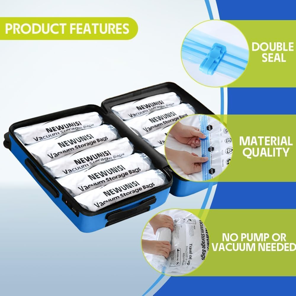12-Piece Travel Vacuum Storage Bags—Roll-Up Compression Bags to Save Space in Luggage, for Camping, and for Storing Clothing—No Pumping Required, 23.65” X 15.75”
