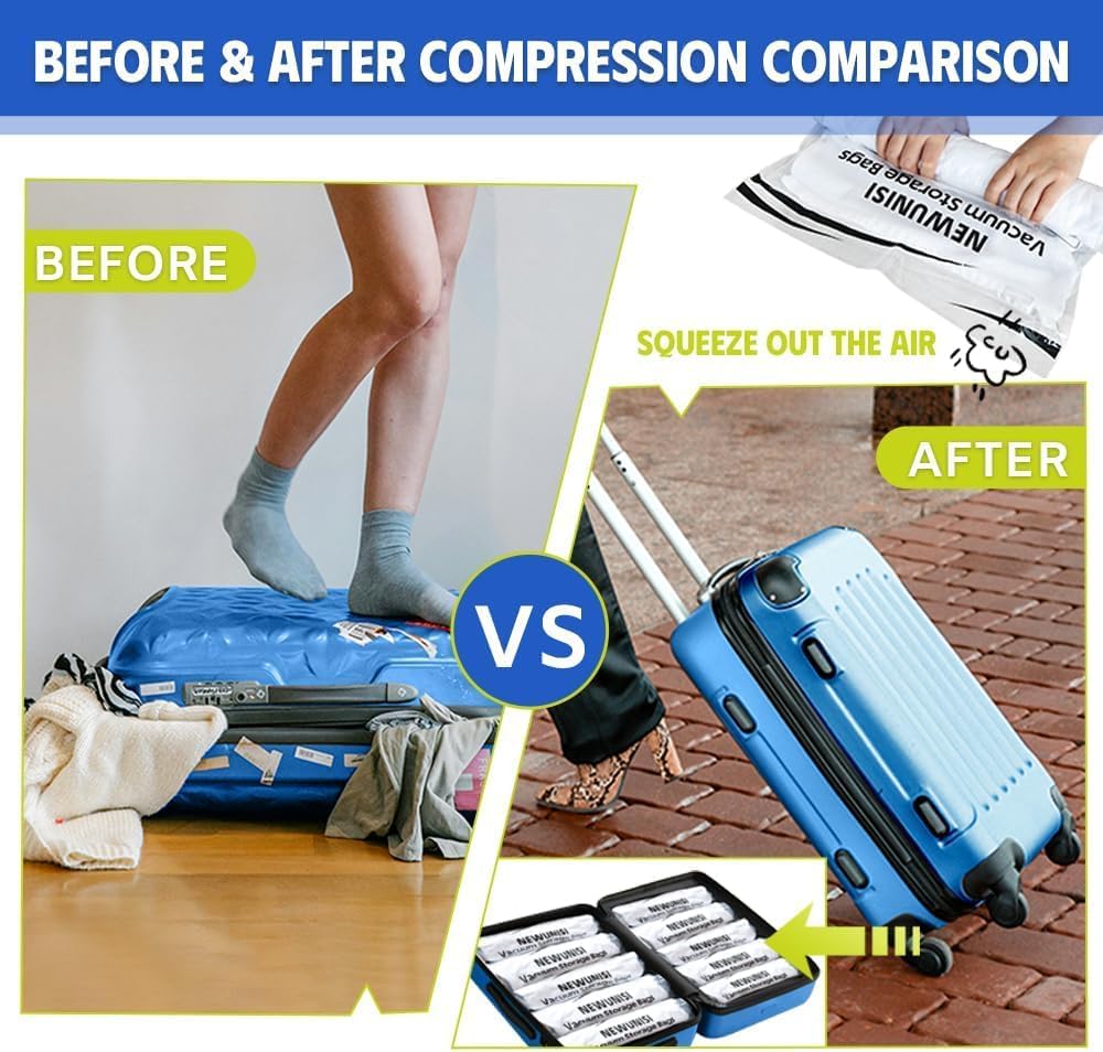 12-Piece Travel Vacuum Storage Bags—Roll-Up Compression Bags to Save Space in Luggage, for Camping, and for Storing Clothing—No Pumping Required, 23.65” X 15.75”
