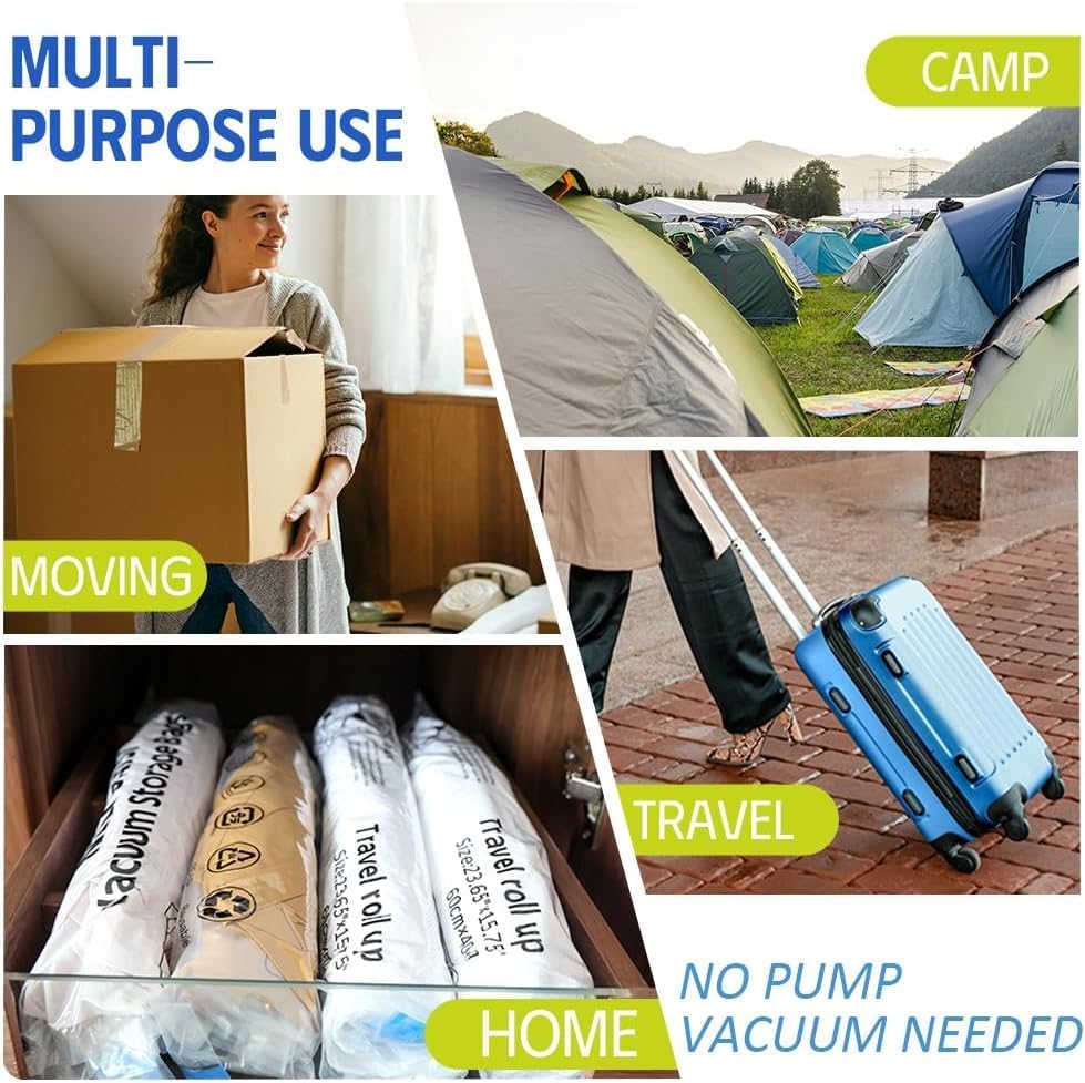 12-Piece Travel Vacuum Storage Bags—Roll-Up Compression Bags to Save Space in Luggage, for Camping, and for Storing Clothing—No Pumping Required, 23.65” X 15.75”
