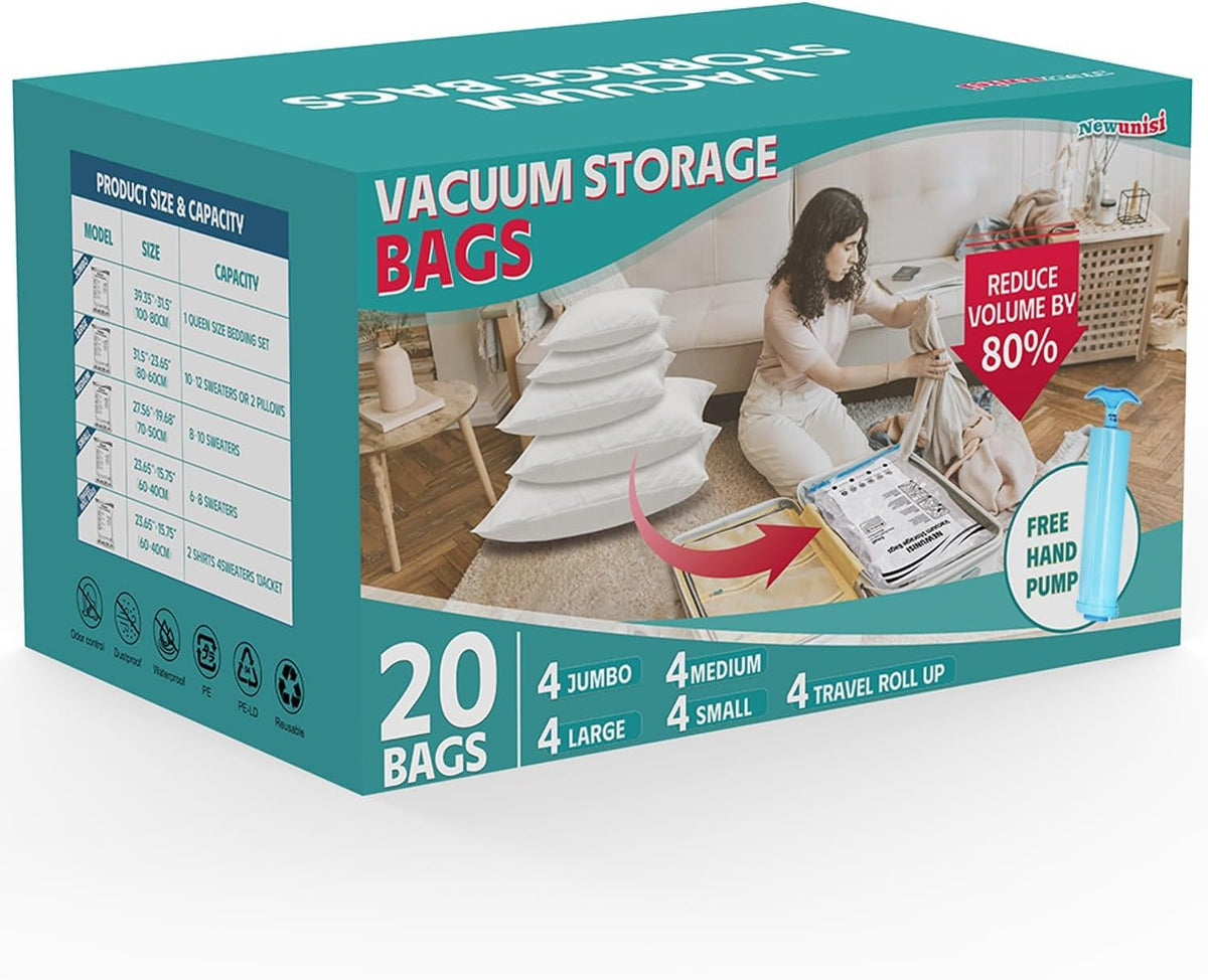 12-Piece Travel Vacuum Storage Bags—Roll-Up Compression Bags to Save Space in Luggage, for Camping, and for Storing Clothing—No Pumping Required, 23.65” X 15.75”