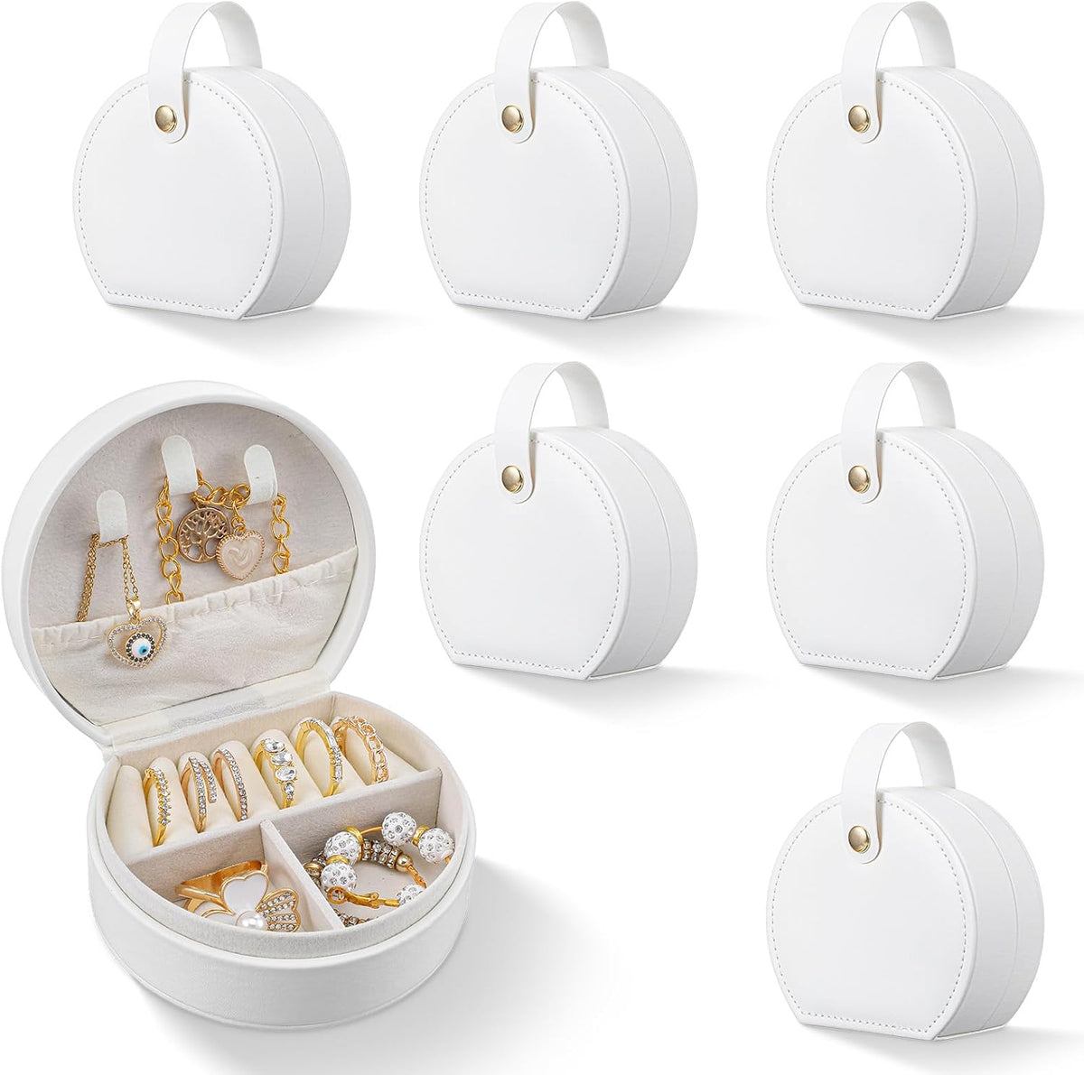 8 Pcs Travel Jewelry Case, Mini Leather Jewelry Organizer Box with Detachable Handle for Women and Teens, White