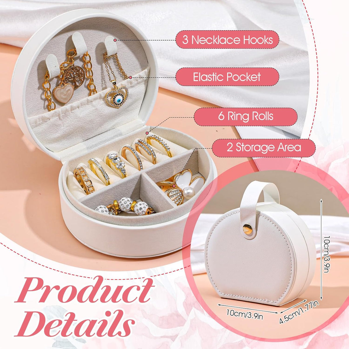 8 Pcs Travel Jewelry Case, Mini Leather Jewelry Organizer Box with Detachable Handle for Women and Teens, White