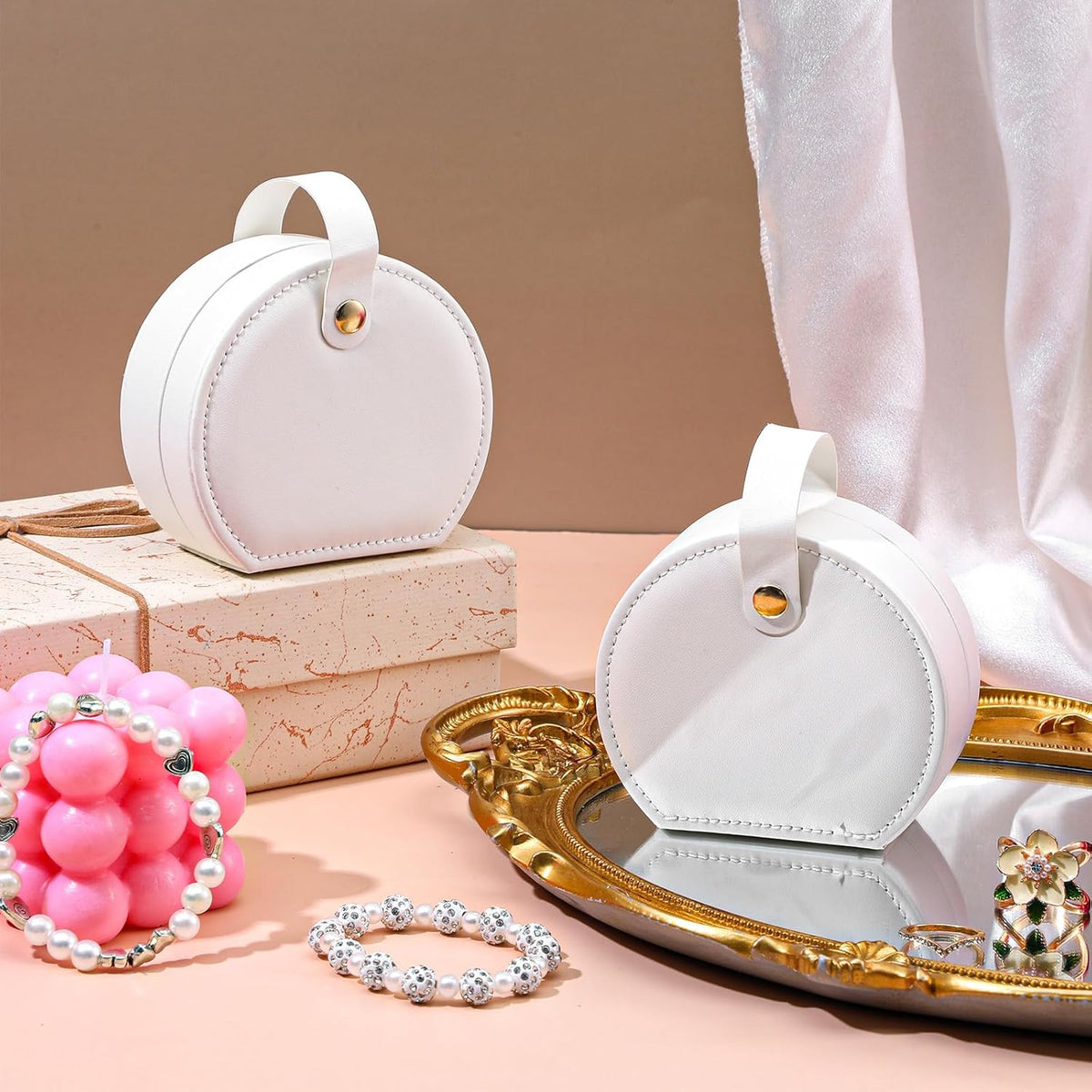 8 Pcs Travel Jewelry Case, Mini Leather Jewelry Organizer Box with Detachable Handle for Women and Teens, White
