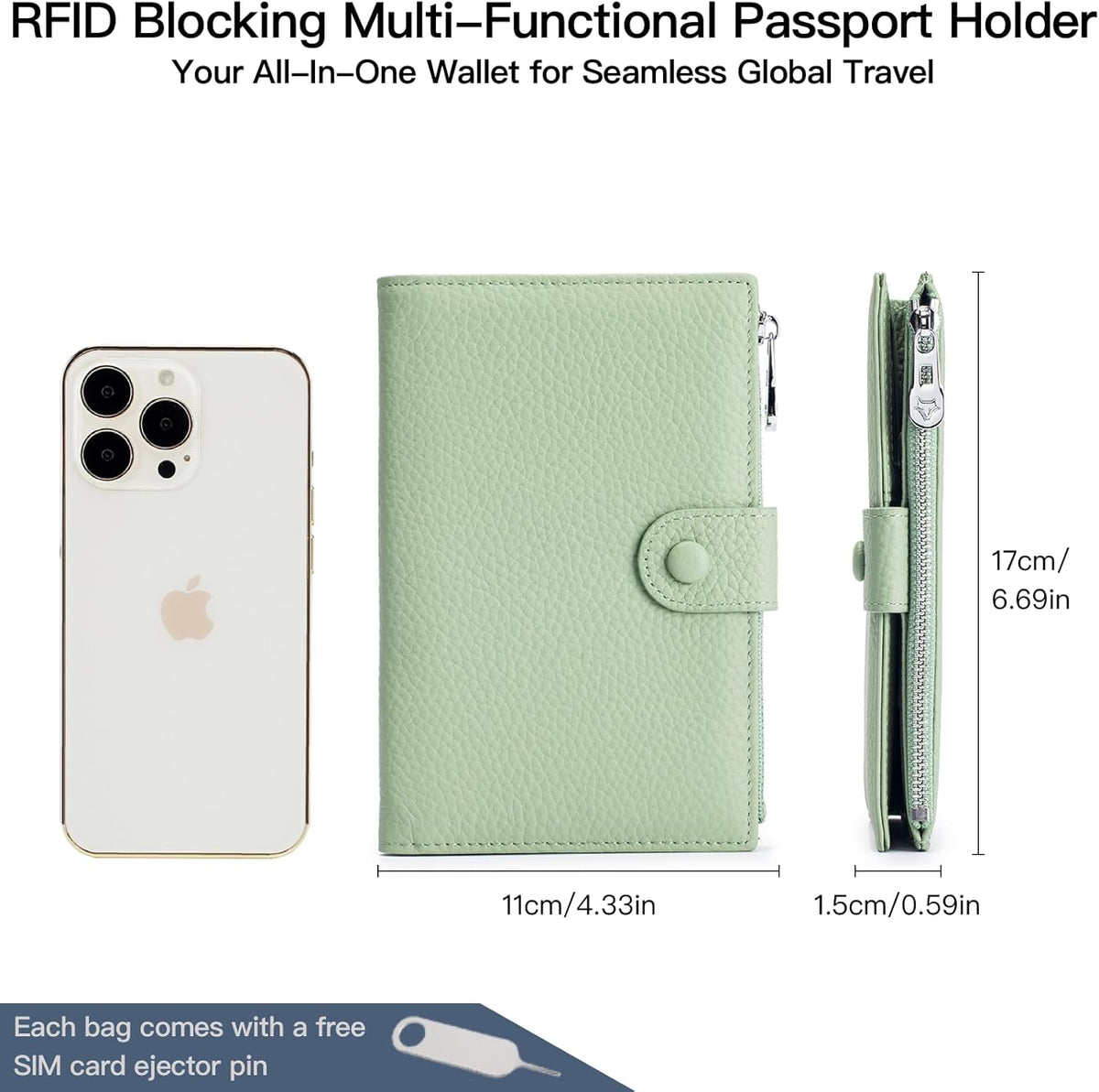 Genuine Leather RFID Blocking Passport Holder Wallet, Multi-Functional Travel Document Organizer with Zipper Pocket, Includes SIM Card Ejector Pin (Pink)