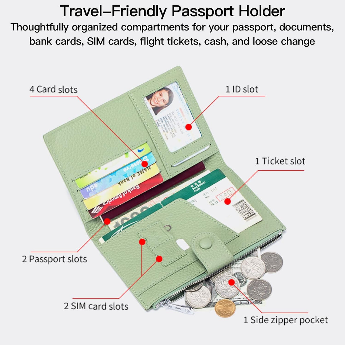 Genuine Leather RFID Blocking Passport Holder Wallet, Multi-Functional Travel Document Organizer with Zipper Pocket, Includes SIM Card Ejector Pin (Pink)