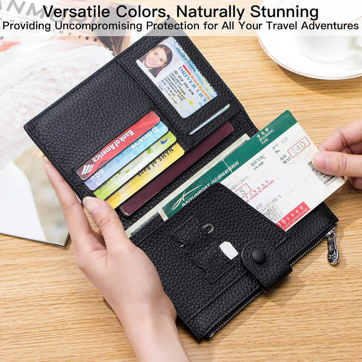 Genuine Leather RFID Blocking Passport Holder Wallet, Multi-Functional Travel Document Organizer with Zipper Pocket, Includes SIM Card Ejector Pin (Pink)