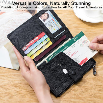 Genuine Leather RFID Blocking Passport Holder Wallet, Multi-Functional Travel Document Organizer with Zipper Pocket, Includes SIM Card Ejector Pin (Pink)