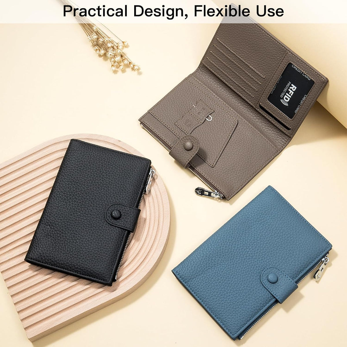 Genuine Leather RFID Blocking Passport Holder Wallet, Multi-Functional Travel Document Organizer with Zipper Pocket, Includes SIM Card Ejector Pin (Pink)