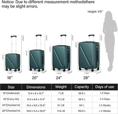 16 Inch Underseat Carry On Luggage With Wheels Underseat Carry On Bag Small Suitcase Personal Item Hard Shell Suitcases Mini TSA Approved Carry On Luggage, Blackish Green
