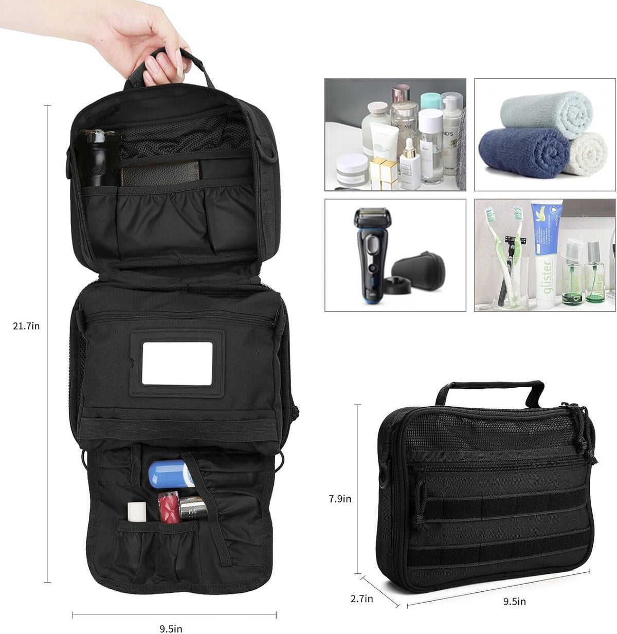 Tactical Travel Toiletry Bag for Men and Women, Hanging Travel Toiletry Organizer Dopp Kit, Toiletries Shaving Hygiene Bathroom Bag,Men's Toiletry Bag for Short Trips Camping - Black
