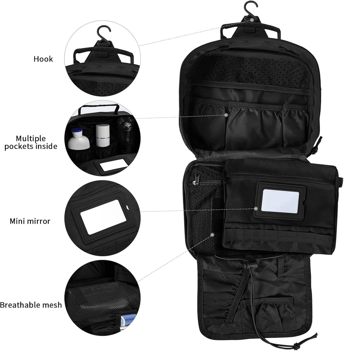 Tactical Travel Toiletry Bag for Men and Women, Hanging Travel Toiletry Organizer Dopp Kit, Toiletries Shaving Hygiene Bathroom Bag,Men's Toiletry Bag for Short Trips Camping - Black