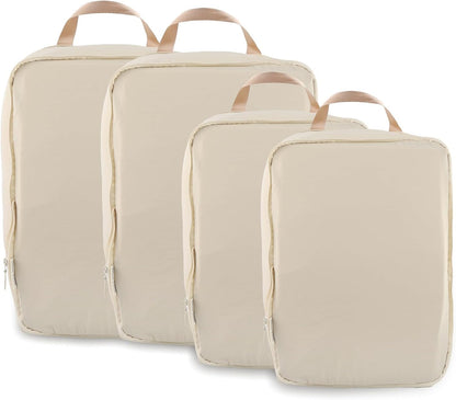 4 Set Compression Packing Cubes, Expandable Travel Organizer Bags, Water-Repellent Nylon, Space-Saving Luggage Set for Suitcase, Carry-on, Home Storage (4, Beige, Compression)