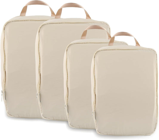 4 Set Compression Packing Cubes, Expandable Travel Organizer Bags, Water-Repellent Nylon, Space-Saving Luggage Set for Suitcase, Carry-on, Home Storage (4, Beige, Compression)
