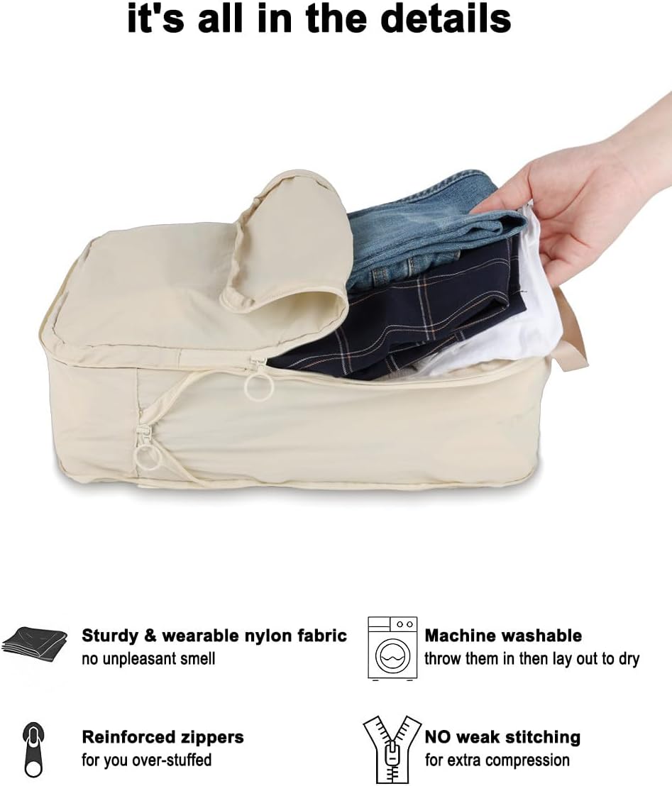 4 Set Compression Packing Cubes, Expandable Travel Organizer Bags, Water-Repellent Nylon, Space-Saving Luggage Set for Suitcase, Carry-on, Home Storage (4, Beige, Compression)