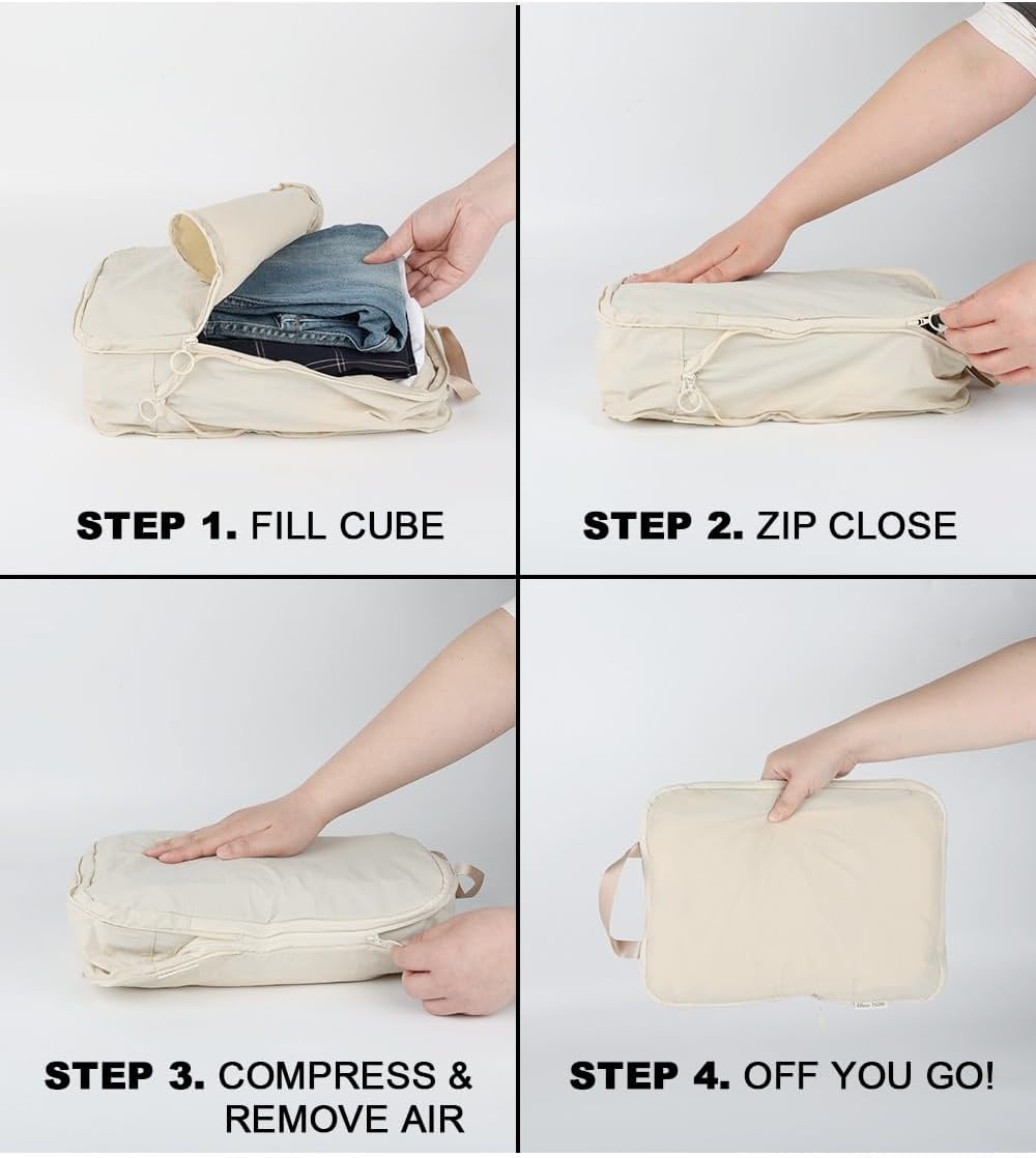 4 Set Compression Packing Cubes, Expandable Travel Organizer Bags, Water-Repellent Nylon, Space-Saving Luggage Set for Suitcase, Carry-on, Home Storage (4, Beige, Compression)