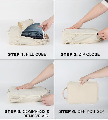 4 Set Compression Packing Cubes, Expandable Travel Organizer Bags, Water-Repellent Nylon, Space-Saving Luggage Set for Suitcase, Carry-on, Home Storage (4, Beige, Compression)