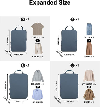 4 Set Compression Packing Cubes, Expandable Travel Organizer Bags, Water-Repellent Nylon, Space-Saving Luggage Set for Suitcase, Carry-on, Home Storage (4, Beige, Compression)