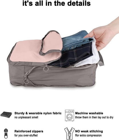 4 Set Compression Packing Cubes, Expandable Travel Organizer Bags, Water-Repellent Nylon, Space-Saving Luggage Set for Suitcase, Carry-on, Home Storage (4, Beige, Compression)