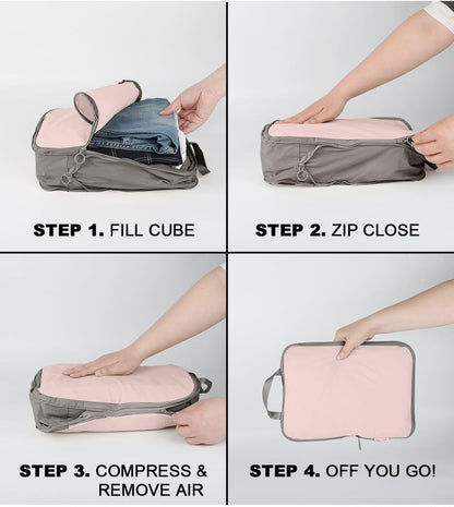 4 Set Compression Packing Cubes, Expandable Travel Organizer Bags, Water-Repellent Nylon, Space-Saving Luggage Set for Suitcase, Carry-on, Home Storage (4, Beige, Compression)