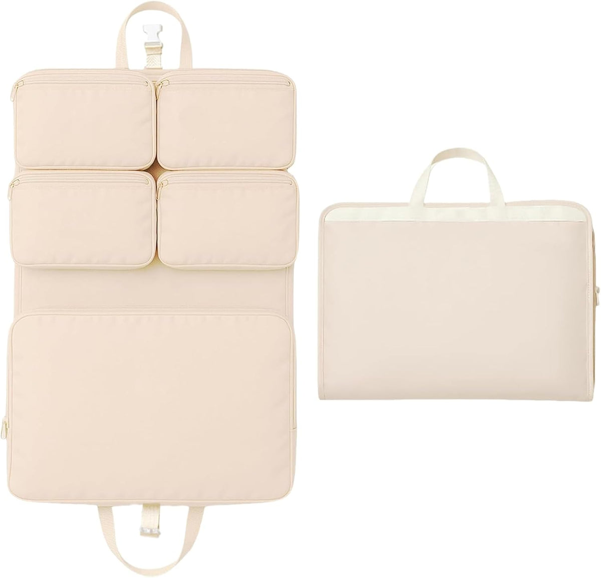Hanging Travel Organizer with Compression Packing Cube, Multi-Layer Storage for Socks Underwear & Bras, Foldable Luggage Organizer for Suitcase and Carry-On Travel (Beige)