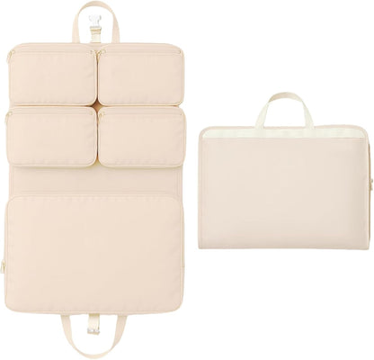 Hanging Travel Organizer with Compression Packing Cube, Multi-Layer Storage for Socks Underwear & Bras, Foldable Luggage Organizer for Suitcase and Carry-On Travel (Beige)