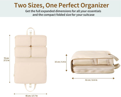 Hanging Travel Organizer with Compression Packing Cube, Multi-Layer Storage for Socks Underwear & Bras, Foldable Luggage Organizer for Suitcase and Carry-On Travel (Beige)