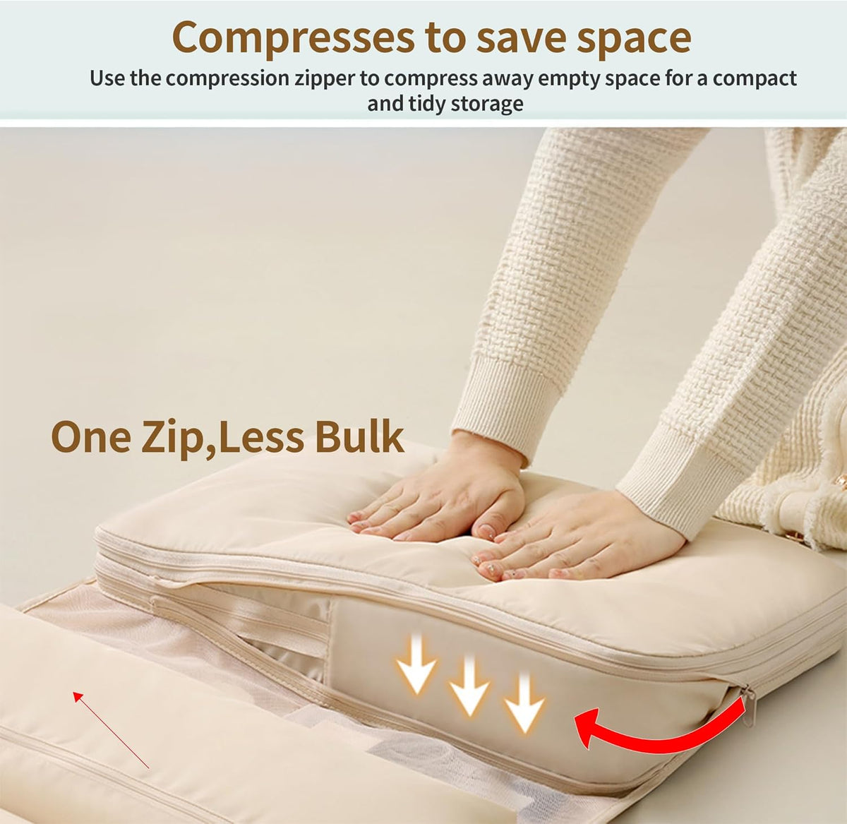 Hanging Travel Organizer with Compression Packing Cube, Multi-Layer Storage for Socks Underwear & Bras, Foldable Luggage Organizer for Suitcase and Carry-On Travel (Beige)