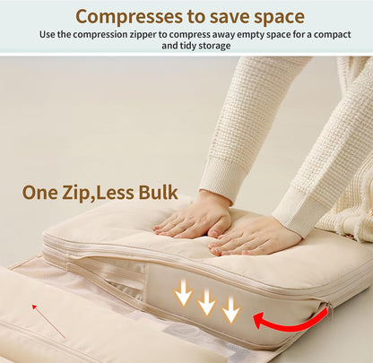 Hanging Travel Organizer with Compression Packing Cube, Multi-Layer Storage for Socks Underwear & Bras, Foldable Luggage Organizer for Suitcase and Carry-On Travel (Beige)