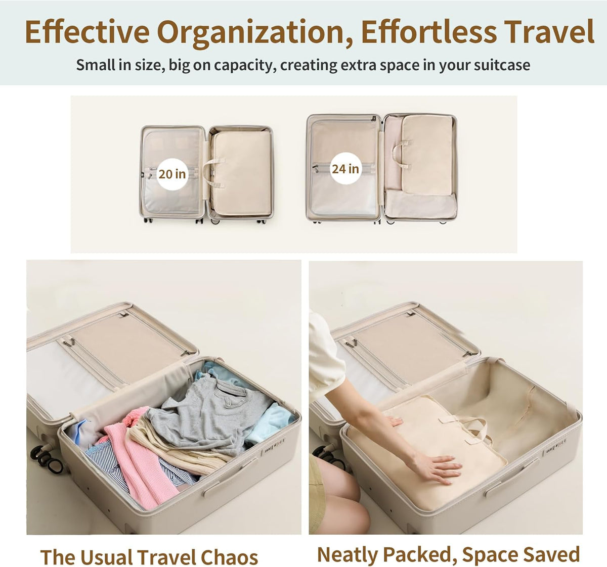 Hanging Travel Organizer with Compression Packing Cube, Multi-Layer Storage for Socks Underwear & Bras, Foldable Luggage Organizer for Suitcase and Carry-On Travel (Beige)