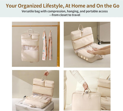 Hanging Travel Organizer with Compression Packing Cube, Multi-Layer Storage for Socks Underwear & Bras, Foldable Luggage Organizer for Suitcase and Carry-On Travel (Beige)
