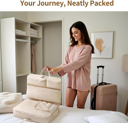 Hanging Travel Organizer with Compression Packing Cube, Multi-Layer Storage for Socks Underwear & Bras, Foldable Luggage Organizer for Suitcase and Carry-On Travel (Beige)