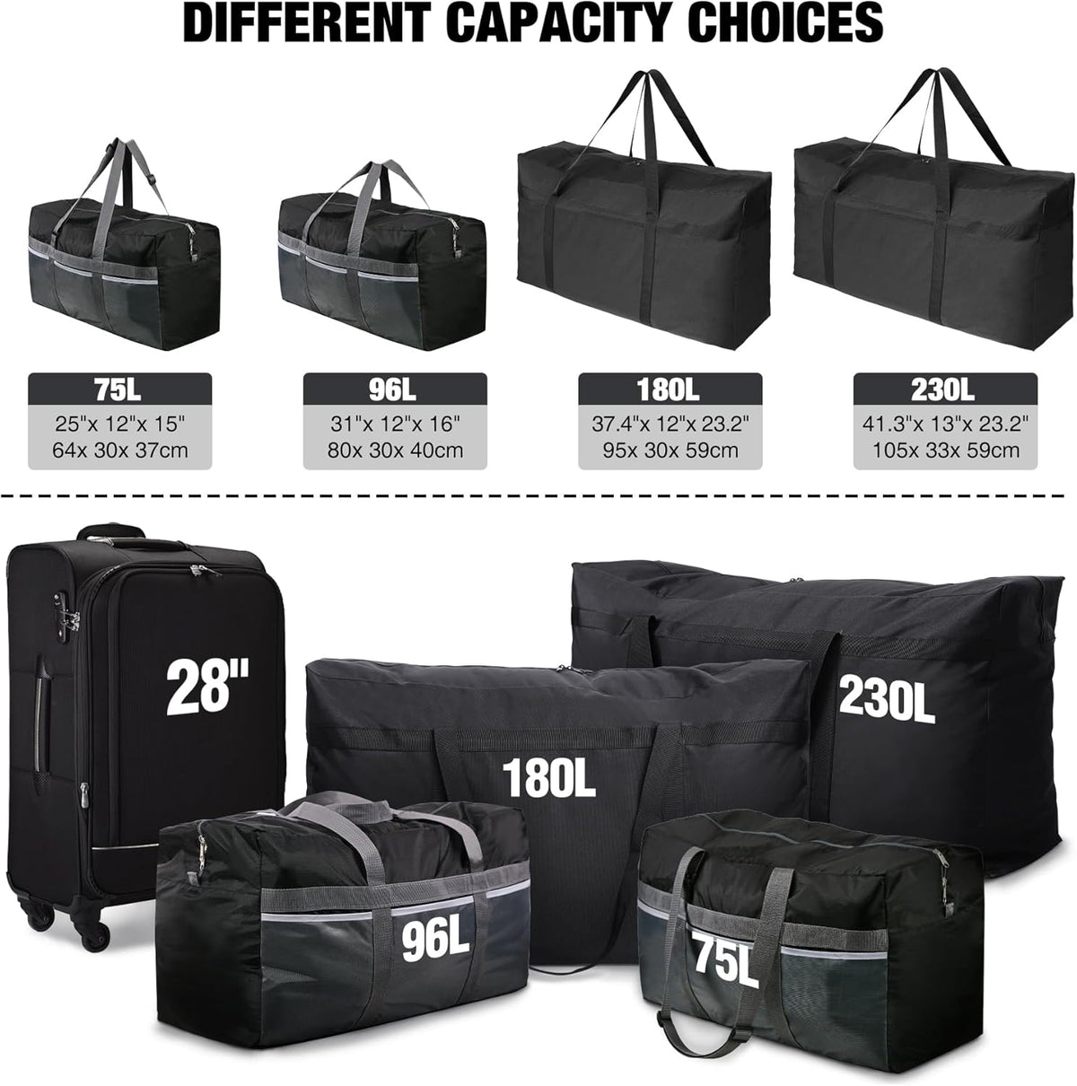 Foldable Travel Bag, Large Sports Bag, 75L/96L/100L, Lightweight Waterproof Tote Bag