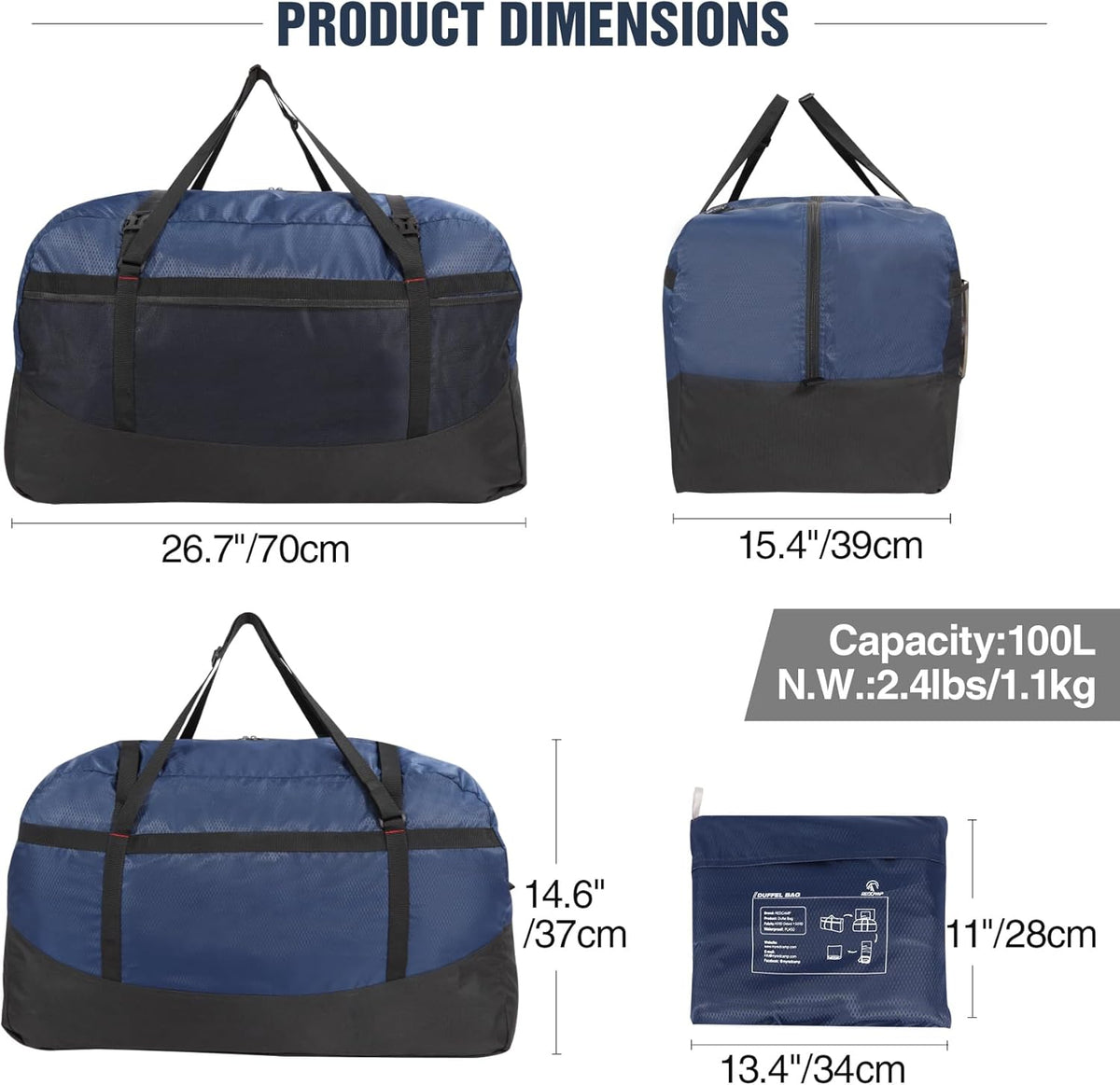 Foldable Travel Bag, Large Sports Bag, 75L/96L/100L, Lightweight Waterproof Tote Bag