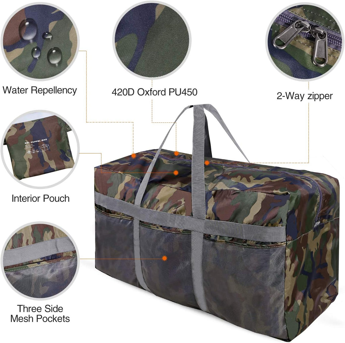 Foldable Travel Bag, Large Sports Bag, 75L/96L/100L, Lightweight Waterproof Tote Bag