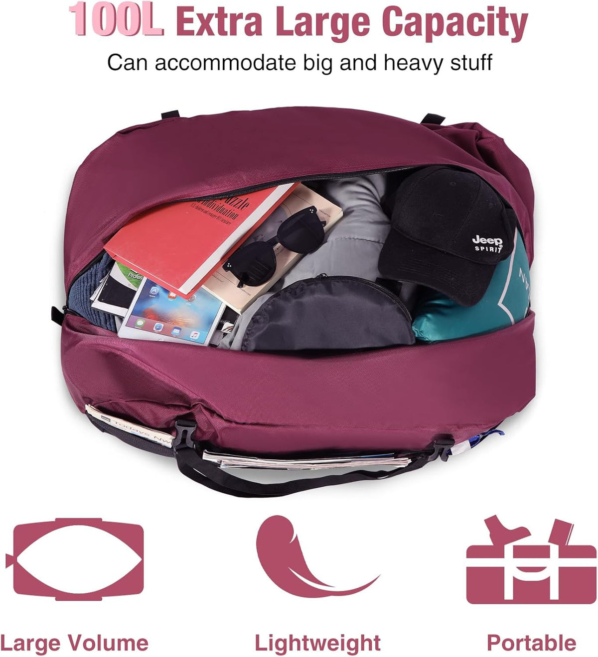Foldable Travel Bag, Large Sports Bag, 75L/96L/100L, Lightweight Waterproof Tote Bag