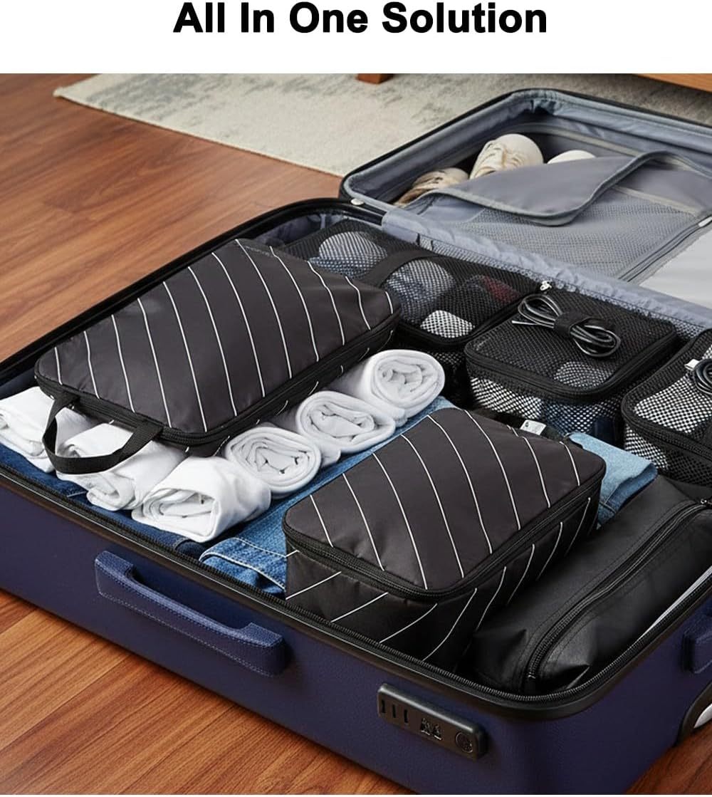 4 Set Striped Packing Cubes, Water-Repellent Travel Luggage Organizer Bags | Packing Organizer: 3-sided double zipper, striped polyester, inner zip pocket&mesh divider, carry handle for travel clothes