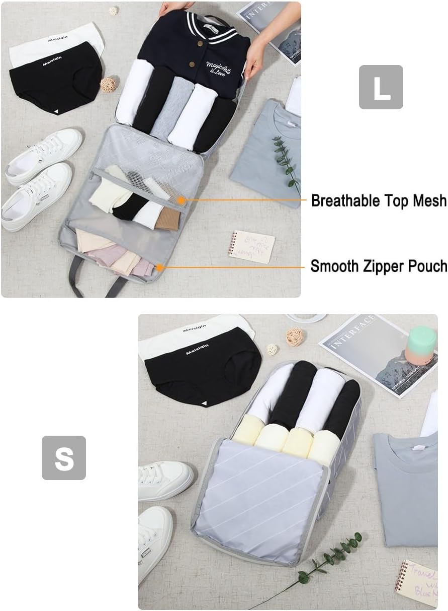 4 Set Striped Packing Cubes, Water-Repellent Travel Luggage Organizer Bags | Packing Organizer: 3-sided double zipper, striped polyester, inner zip pocket&mesh divider, carry handle for travel clothes