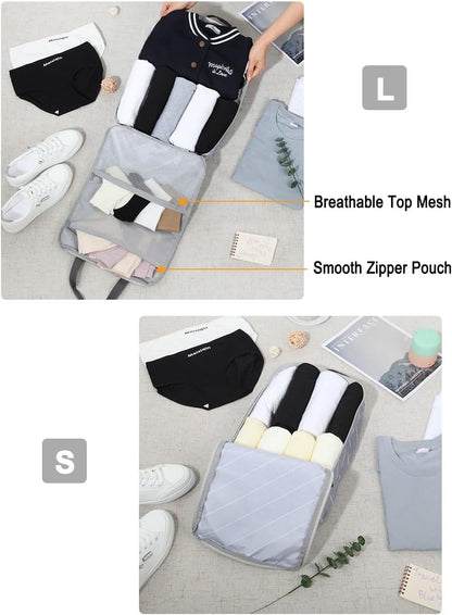 4 Set Striped Packing Cubes, Water-Repellent Travel Luggage Organizer Bags | Packing Organizer: 3-sided double zipper, striped polyester, inner zip pocket&mesh divider, carry handle for travel clothes