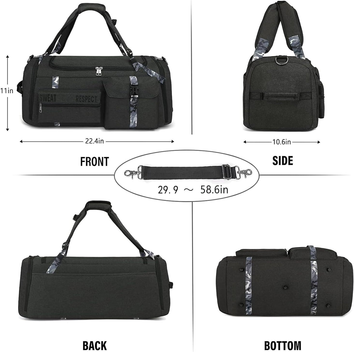 4-Way Gym Bags for Men Gym Duffle Bag Sports Duffle Bag Backpack with Shoe Compartment & Wet Pocket