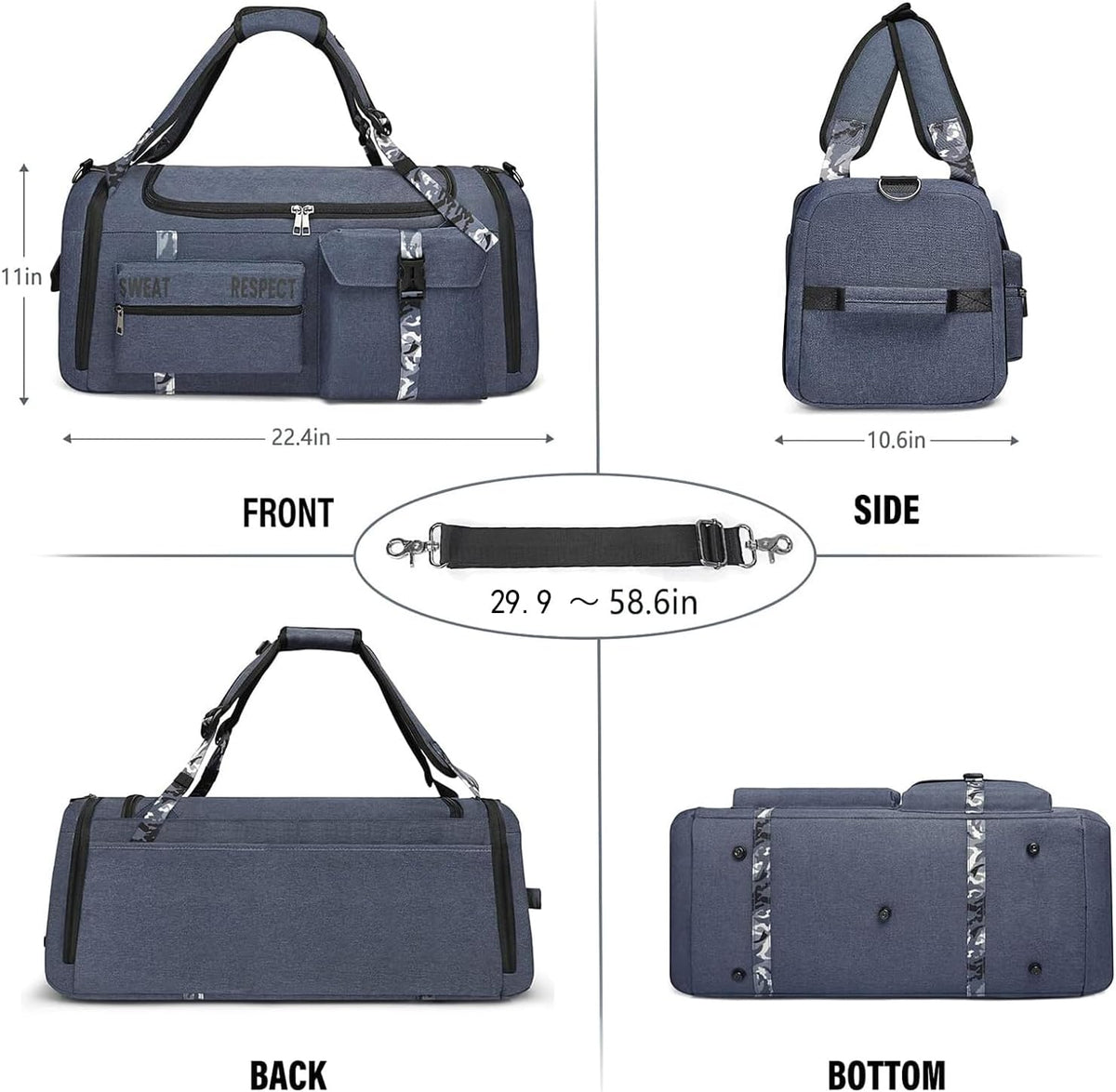 4-Way Gym Bags for Men Gym Duffle Bag Sports Duffle Bag Backpack with Shoe Compartment & Wet Pocket
