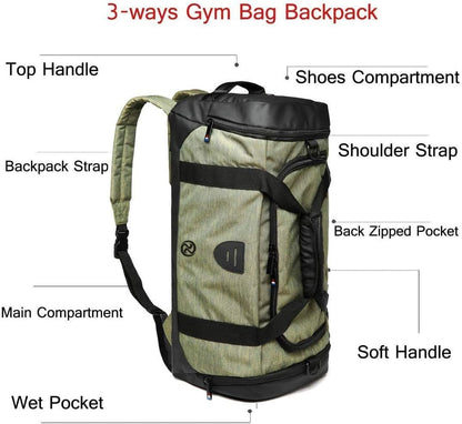 4-Way Gym Bags for Men Gym Duffle Bag Sports Duffle Bag Backpack with Shoe Compartment & Wet Pocket