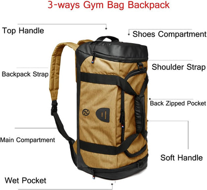 4-Way Gym Bags for Men Gym Duffle Bag Sports Duffle Bag Backpack with Shoe Compartment & Wet Pocket