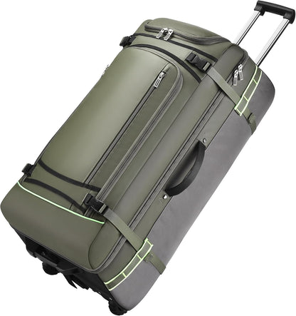 100L Extra Large Rolling Duffel Bag with Wheels and Handle – 33" Heavy-Duty 1600D PVC Checked Luggage for Business Travel, Men’s Week-Long Trips & Student Relocation, Foldable Base Design (Army Green)