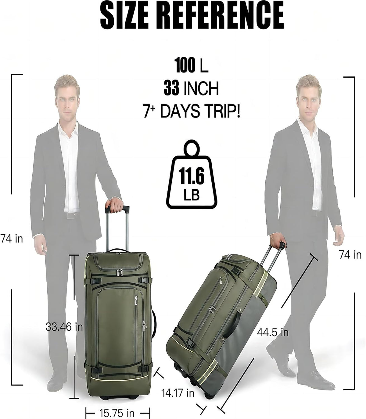 100L Extra Large Rolling Duffel Bag with Wheels and Handle – 33" Heavy-Duty 1600D PVC Checked Luggage for Business Travel, Men’s Week-Long Trips & Student Relocation, Foldable Base Design (Army Green)